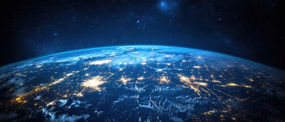 Poster - Breathtaking View of Earth from Space at Night Revealing City Lights and Atmospheric Glow Emphasizing Global Connectivity and Cosmic Perspective