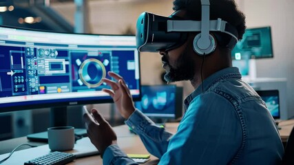 Poster - The individual is immersed in virtual reality development, manipulating controls as he interacts with a digital workspace filled with advanced technology.