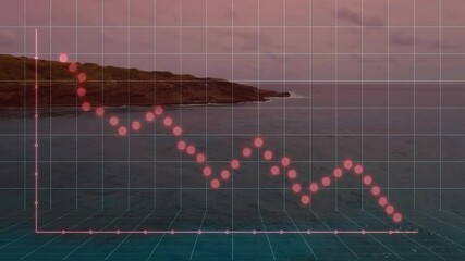 Poster - Animation of fluctuating data points over coastal landscape during sunset