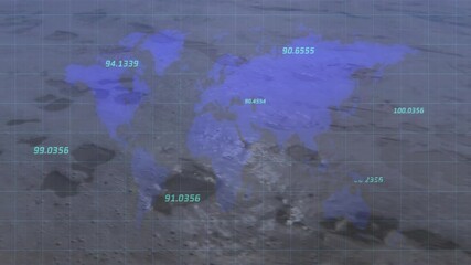 Poster - Animation of blue world map with numerical data on lunar surface background