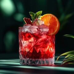 Poster - Refreshing red cocktail with orange slice and cinnamon sticks in a glass on a dark background with soft light and shadows