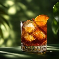 Poster - Refreshing old fashioned cocktail with ice cubes and orange slice in a glass with green background