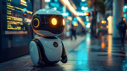 Poster - City Train Station Assistant, a compact robot stands ready amidst vibrant schedule displays and digital ads, embodying the fusion of technology and urban life.