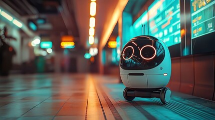 Poster - Urban Assistant, a compact personal robot stands in a modern city train station, illuminated by vibrant schedule displays and digital ads, embodying the future of transit convenience.