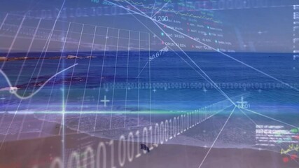 Poster - Animating financial data and graphs over serene ocean landscape with sunset backdrop