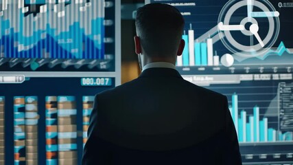 Poster - A business analyst studies various data visualizations on multiple screens in a dimly lit office at night, analyzing trends and patterns for decision-making.