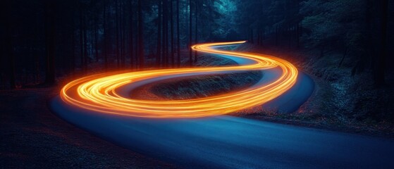 Poster - Serpentine road through a dark forest illuminated by a vibrant orange light trail creating a sense of motion and mystery