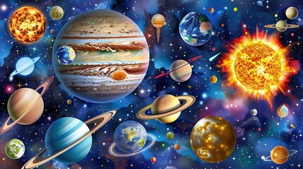 Wall Mural - A colorful illustration depicting various planets and celestial bodies in space