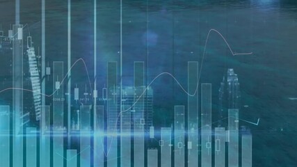 Poster - Cityscape by water with financial data charts and graphs in animation overlay