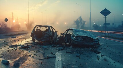 Fototapete - Two severely damaged vehicles on the roadside following a collision, with the sunrise in the distance