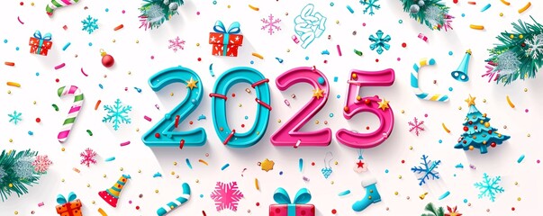 Aufkleber - Vibrant 2025 bold lettering with cheerful decorations welcoming the new year