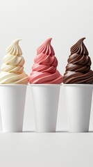 Poster - Delicious trio of frozen yogurt swirls in paper cups vanilla strawberry and chocolate flavors on white background studio shot sweet dessert