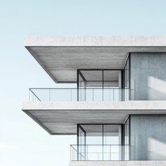 Poster - Minimalist Concrete Architecture with Glass Balconies against Pale Blue Sky Modern Building Exterior Design