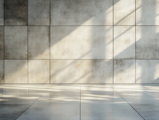 Poster - Concrete tiled wall and floor with sunlight streaming through creating a bright modern scene