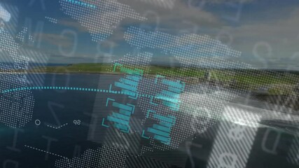 Poster - Animated digital data and network connections overlay scenic landscape background