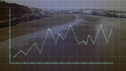 Poster - Animation of fluctuating data over snowy hills in coastal landscape