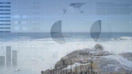 Poster - Ocean waves with data visualization and world map overlay animation