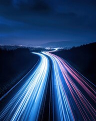 Poster - Dynamic Night Highway with Streaking Car Lights Leading to Distant City Skyline Under Dark Blue Sky