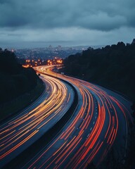 Poster - Dynamic highway at twilight with blurred car lights creating vibrant streaks under a cloudy sky offering a sense of speed and modern urban life
