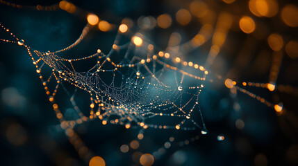 A detailed shot of a single dew-covered spider web, catching the light in each tiny droplet