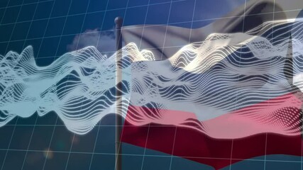 Poster - waving flag with abstract wave patterns on grid background in animation