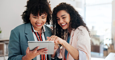 Aufkleber - Happy, business and people on tablet with distribution of online orders, delivery schedule and logistics. Women, pointing and digital for checklist of ecommerce, supply chain and inventory management