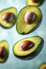 Poster - Sliced avocado halves floating in air against a light blue background showcasing fresh green pulp and brown seed in a studio shot