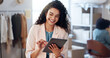 © peopleimages.com - Fashion, woman and ecommerce with tablet for inventory, business management and stock in workshop. Supply chain, female seller and happy with tech for logistics, online order or shipping confirmation