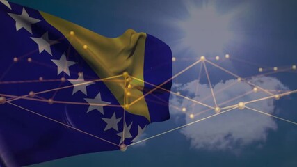 Poster - Waving Bosnia and Herzegovina flag with network animation over blue sky