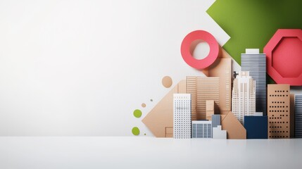 Poster - Abstract Geometric Cityscape Collage With Paper-Crafted Structures On A Minimalist White Background