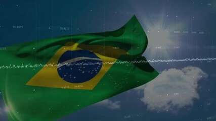 Poster - Brazilian flag waving with financial data processing animation over sky background
