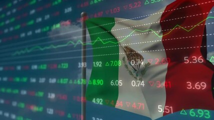 Poster - Waving Mexican flag over stock market data and financial graphs animation
