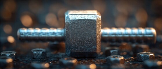 Poster - Close up of a metallic bolt and nuts on a dark surface with a blurred background creating a moody atmosphere