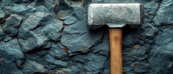 Poster - Sledgehammer Resting on Dark Slate Rock Formation in a Quarry with a Rustic and Industrial Feel and a Close Up Shot