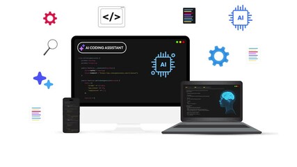 Poster - Ai assistant in programming and coding concept with multiple devices showing infographics, 4k animation. Web and app development with the help of AI on devices