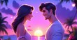 © antishock - Vibrant purple and pink romantic dating simulator game app icon with two characters on sunset date realistic detailed glossy style round square shape modern app icon bold vibra