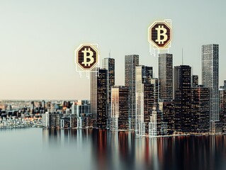 Poster - Futuristic city skyline at dawn with Bitcoin symbols reflected in calm water showcasing digital finance