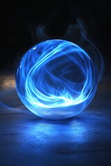 Poster - Ethereal blue energy orb on dark surface with smoky background creating a sense of mystery and wonder for digital art and futuristic concept