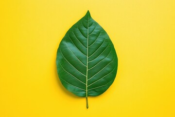 Wall Mural - single green leaf centered on a vivid yellow background surface