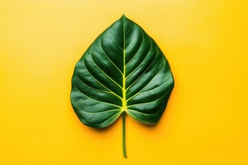 Wall Mural - a large green leaf placed on a vibrant yellow background
