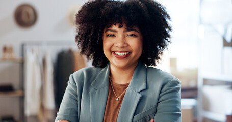 Poster - Fashion, happy and portrait of businesswoman in office with startup company for retail. Commerce, pride and female designer with confidence for entrepreneur, seamstress or dressmaking in workplace.
