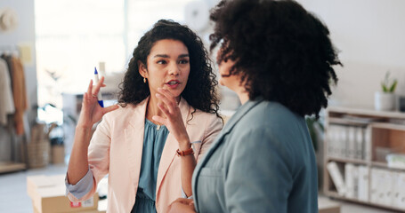 Poster - Business women, fashion designers and discussion with logistics for distribution planning or brainstorming. Female people, distributor or colleagues discussing project for fabric or clothing design