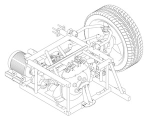 Poster - A drawing of a machine with a tire on it. The tire is on the right side of the machine. Isometric view