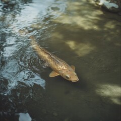 Poster - Golden carp swimming gracefully in a tranquil pond shimmering water surface creates a serene and peaceful atmosphere nature beauty