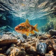 Poster - Golden Fish Swimming Gracefully in Crystal Clear Water with Rocks Underwater River Environment