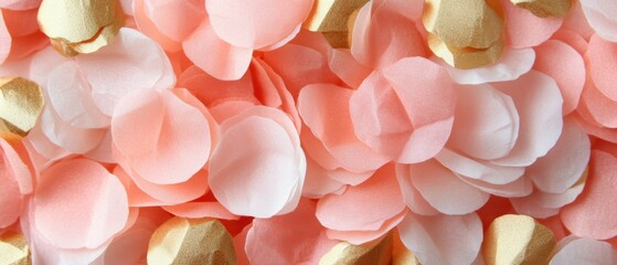 Poster - Romantic arrangement of soft peach and gold petals creating a luxurious and delicate background for wedding or celebration invitations