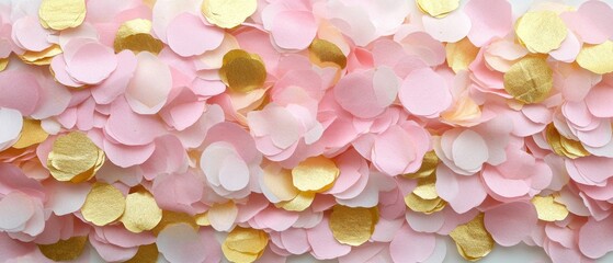 Poster - Delicate pink and gold confetti background for party celebration or wedding event backdrop with soft light and airy elegant style for festive occasion