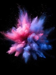 Poster - Mesmerizing explosion of vibrant pink and blue powder against a stark black background creating a dynamic and abstract composition with captivating energy