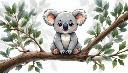 Cute Koala Sitting on Tree Branch with Green Leaves