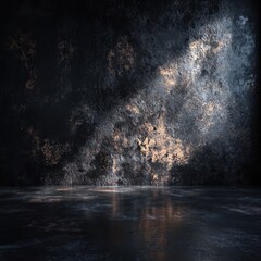 Poster - Dramatic dark textured wall with copper accents and glossy floor illuminated by a single light beam interior